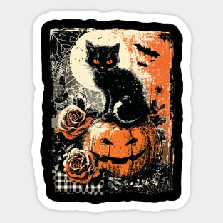 Black Cat on Pumpkin Vintage Halloween Distressed Gothic Sticker
